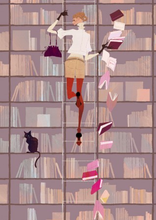 人物　女性　イラストレーション イラスト　ファッションイラストレーション　ファッションイラスト　シック　おしゃれ インテリア　本棚　図書館　ネコ　猫　抽象　吉岡ゆうこ　