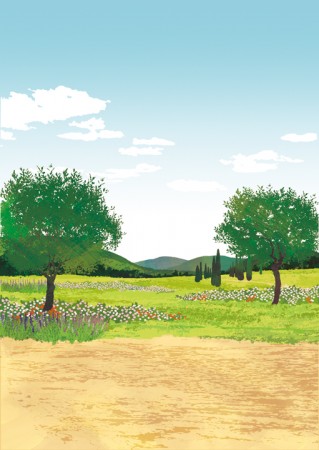 ロクシタン　化粧品　ポスター　風景　ラベンダー　自然　ハーブ　山　木々　花　
