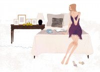 イラストレーション イラスト 　drawing　女性ファッション　ファッションイラストレーション　ファッションイラスト　ベッドルーム　インテリア　ガーリー　ガールズイラスト　リラックス　ランジェリー　ベッド　電話　おしゃれ　シンプル　大人っぽい　吉岡ゆうこ