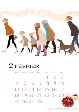 カレンダー　2018年カレンダー　イラストレーション　ファッションイラストレーション　ライフスタイル　女性　男性　老人　犬　インテリア　おしゃれ　上品　吉岡ゆうこ　yukoyoshioka