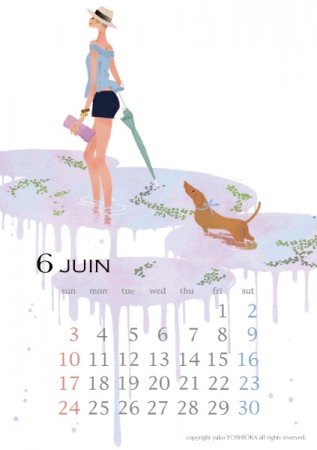 カレンダー　2018年カレンダー　イラストレーション　ファッションイラストレーション　ライフスタイル　女性　犬　抽象　梅雨　雨　おしゃれ　上品　吉岡ゆうこ　yukoyoshioka