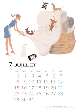 カレンダー　2018年カレンダー　イラストレーション　ファッションイラストレーション　ライフスタイル　女性　犬　インテリア　おしゃれ　上品　吉岡ゆうこ　yukoyoshioka