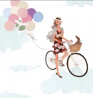 illustration　fashionillustration　イラストレーション　イラスト　drawing　女性ファッション　ファッションイラストレーション　ファッションイラスト　自転車　抽象イラスト　自転車　空　ライフスタイル　リラックス　　おしゃれ　シンプル　大人っぽい　犬　犬との生活　吉岡ゆうこ