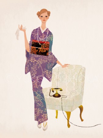 illustration　fashionillustration　イラストレーション　イラスト　drawing　女性ファッション　ファッションイラストレーション　ファッションイラスト　着物　kimono　おしゃれ　シンプル　大人っぽい　吉岡ゆうこ