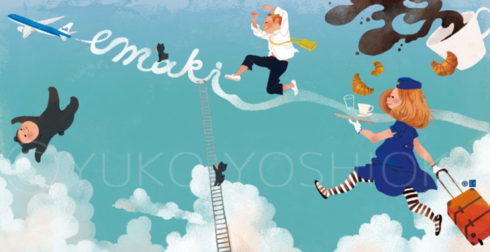 illustration　fashionillustration　イラストレーション　イラスト　drawing　レコードジャケット　空　雲　飛行機　旅　旅行　子ども　ユーモア　吉岡ゆうこ