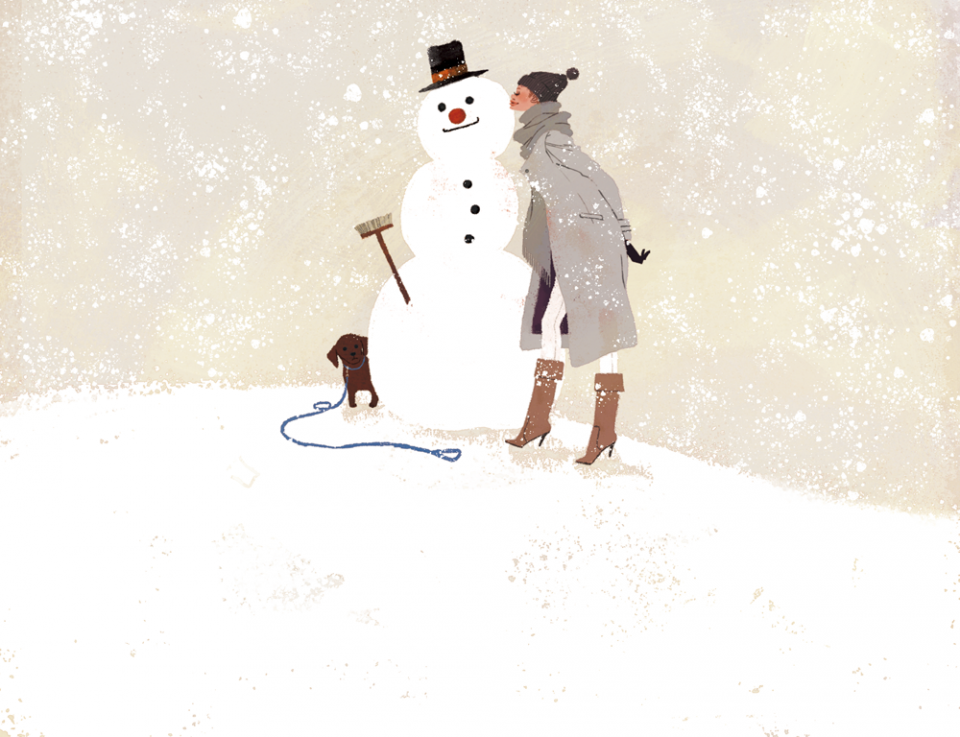 illustration　fashionillustration　イラストレーション　イラスト　drawing　ファッションイラスト　ファッション　雪　雪だるま　冬　寒中見舞い　犬　yukoyoshioka　吉岡ゆうこ