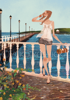 illustration　fashionillustration　イラストレーション　イラスト　drawing　ファッションイラスト　ファッション　風景　湖畔　旅行　バカンス　風景　花　春夏　リラックス　ワクワク　yukoyoshioka　吉岡ゆうこ