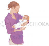女性イラスト　ファッションイラスト　赤ちゃん　抱っこ布団　たまごクラブ　今月のHitアイテム　可愛い　おしゃれ　ほのぼの　お母さん　ライフスタイル　吉岡ゆうこ